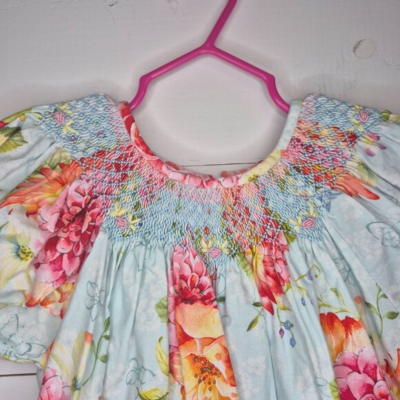Girls Floral Smocked Dress With Puff Sleeves & Button Back Closure size 6x - Picture 2 of 8